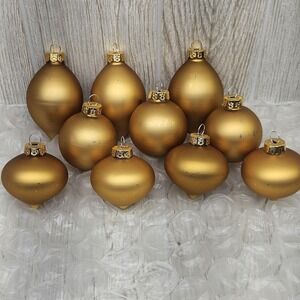 Vintage Matte Gold Glass Christmas Ornaments Set of 9 Holiday Bulbs Mixed Shapes